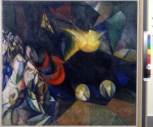 Parní motor. Obraz Alexandra Konstantinoviče Bogomazova (1880-1930). Olej na plátně