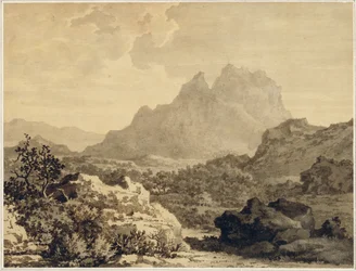 Horská krajina, cca 1780 (šedá a hnědá barva na papíře připraveném hnědým podkladem)
