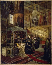 Ruský car Alexis I. Michajlovič, známý jako velmi mírumilovný car (1629-1676) a patriarcha Nikon (1605-1681) na rakvi moskevského metropolity Filipa I. (car Alexej I. Michailovič a patriarcha Nikon u rakve Filipa I. , metropolita