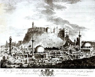 Pohled na město a hrad Aleppo, Sýrie, 1754