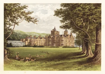 Holker Hall, Lancashire, Anglie. ,1880 (rytina)