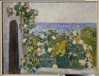 Květiny na balkóně v Římě (Itálie). Obraz Alexandra Ivanoviče Savinova (1881-1942), olej na plátně