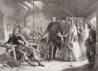 První setkání prince Charlese a Flory Macdonald na ostrově South Uist, 1747, z „Ilustrace anglické a skotské historie“ svazek II