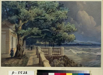 ""Pohled na terasu paláce Monplaisir, palác Peterhof"" (Terasa v paláci Monplaisir, Peterhof) Akvarel od Alexandra Matvejeviče Dorogova (1819-1850) 1847 Státní Ermitáž, Petrohrad (Muzeum Ermitáž, Petrohrad)