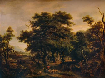 Woody Landscape, with Figures and Sheep, c1805