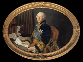 Portrét Cesara Gabriela (1712-1785) hraběte z Choiseul - Chevigny, vévoda z Praslinu, ministr zahraničních věcí a poté námořnictva. Obraz Alexandra Roslina (1718-1793). Ztlumit. 0,94 x 1,31 m. Versailles, musee du Chateau. - Portrét Cesara Gabriela (1712