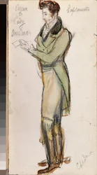 Přípravný kostým pro mladého muže k opeře "Eugene Oněgin"" od Piotra Čajkovského (1840-1893) (Návrh kostýmů pro operu Evžen Oněgin od P. Čajkovského) - Dílo Alexandra Valentinoviče Sredina (Sredine) (1872-1934) , tužka a akvarel na