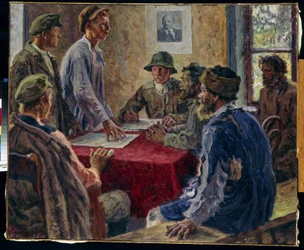 Schůze výboru chudých rolníků v roce 1918 (A zasedání výboru chudých rolníků v roce 1918). Obraz Alexandra Viktoroviče Moravova (Alexander Victor) (1878-1951), olej na plátně