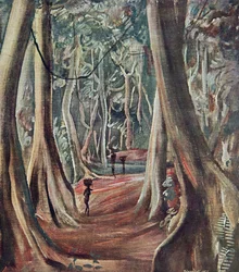 Ve Velkém lese, z Kresby a malby Afriky, popravený během expedice Citroen Center Afrique, druhá mise Haardt Audouin-Dubreuil, hospoda. Paříž, 1927