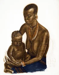 Žena MGogo s dítětem (Dodoma), z kresby a malby Afriky, popravená během expedice Citroen Centre Afrique, druhá mise Haardt Audouin-Dubreuil, hospoda. Paříž, 1927 (barva li