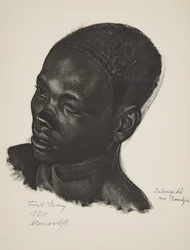 Ialingede, plemeno Mandja. (Fort Lamy), z Kresby a malby Afriky, popravený během expedice Citroen Centre Afrique, druhá mise Haardt Audouin-Dubreuil, hospoda. Paříž, 1927 (barevně lit