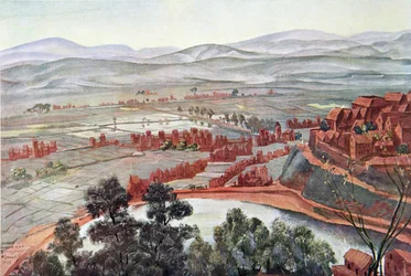 Antananarivo, pohled na Královnin palác, z Kresby a malby Afriky, popravený během expedice Citroen Centre Afrique, druhá mise Haardt Audouin-Dubreuil, hospoda. Paříž, 1927 (barva l