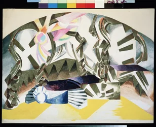 Přípravná výzdoba pro hru Romeo a Julie od Williama Shakespeara (1564-1616) (scéna pro hru Romeo a Julie od W.Shakespeara). Abstraktní popis se schody. Dílo Alexandry Alexandrovny Exter (1882-1949), kvaš na
