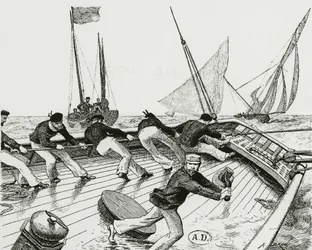 Závod plachetnic: Le turn du Bateau-Buoée - kresba A. Brun, Bibl. umění deco.