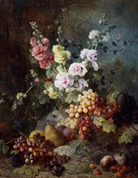 Zátiší s květinami a ovocem s hrozny, hruškami, švestkami a malinami. Obraz od Alexandre Coudera (1808-1879) Soukromá sbírka.