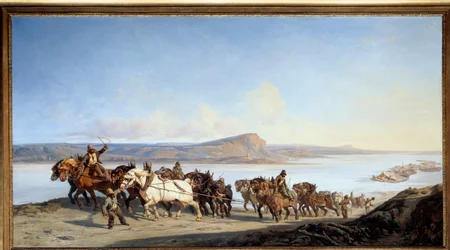 Tažení „“ Hůl koní obsluhující lodní výtahy na Rhoně“ “ Obraz Alexandra Dubuissona (1805-1870) 1843 Lyon, Musee des Beaux Arts