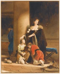 Elisabeth Woodville, anglická královna, se loučí se svými syny, Edwardem V. a Richardem, vévodou z Yorku, s truchlícím mužem za sloupem