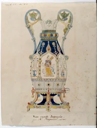Japonská karafová váza Akvarel od Alexandra Evariste Fragonarda (1780-1850) 1832 Sevres. Výroba porcelánu