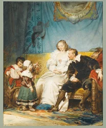 Rubens a Hélène Fourmentovi sedí, Frans drží dopis a Isabelle Hélène jim dává kytici růží