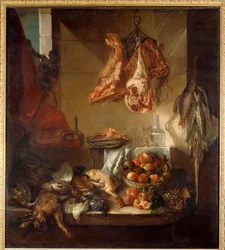 Kuchyňský interiér se zátiším zvěřiny, ovoce a masa. Obraz Françoise Desportese (1661-1743), 18. století. Châlons-sur-Marne, muzeum výtvarných umění
