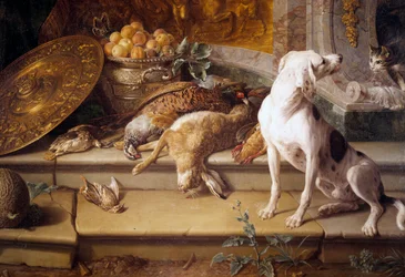 Zátiší s loveckým psem a zvěří (zajíc, bažant, koroptev), detail. Obraz Françoise Desportese (1661-1743), 18. století, Gien, lovecké muzeum