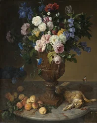 Váza s květinami, ovocem a zajícem, 1715