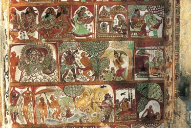 Fresky zobrazující život Šivy ve svatyni pro Parvati, chrám Nataraya, Chidambaram, Tamil Nadu, Indie, 5. století
