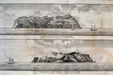 Pohled na ostrov Alejandro Selkirk nebo ostrov Más Afuera, souostroví Juan Fernández, Chile, rytina
