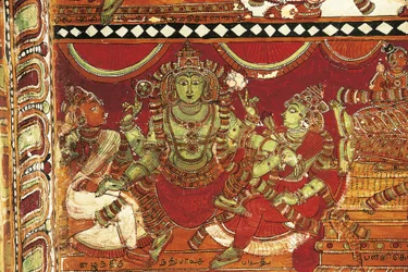 Visnu, detail z fresek zobrazujících život Šivy ve svatyni pro Parvati, chrám Nataraya, Chidambaram, Tamil Nadu, Indie, 5. století