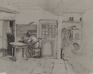 Interiér farmy s chlapcem u stolu, c. 1846.
