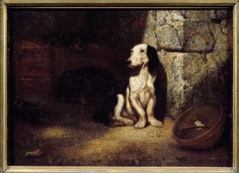 Černobílý baset u psí boudy. Vedle je miska naplněná vodou. 1849. Slunce. 0,25 x 0,35 m