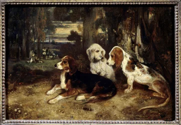 Lovecké psy v klidu Obraz Alexandra Gabriela Decampse (1803-1860) 1839 Ne. 0,26x0,37 m Paříž, Musee du Louvre.