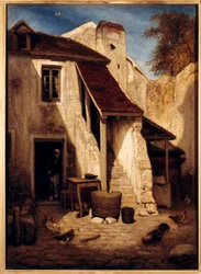 Interiér rustikálního nádvoří ve Fontainebleau Obraz Alexandra Gabriela Decampse (1803-1860) 19. století Sun. 0,78x0,56 m Paříž, Musee du Louvre.