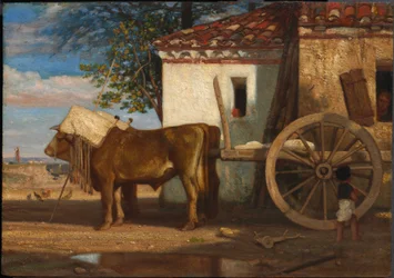 Volové před statkem v Le Verrier, asi 1853 (olej na dřevěné desce)