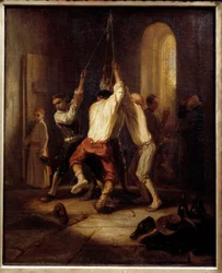 Vyzváněcí tóny. Muži táhnou za lano, aby zvonili. Obraz Alexandra Gabriela Decampse (1803-1860)