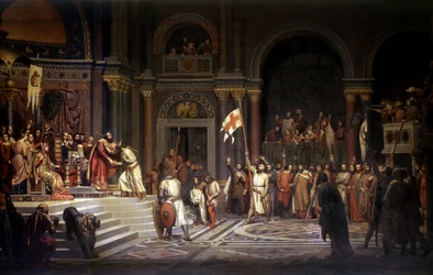 Godefroi z Bouillonu přijatý Alexiem Komnenem, císařem Konstantinopole, roku 1097, během obrany města proti Turkům za první křížové výpravy v letech 1096-1099, 1842
