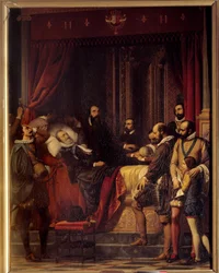 Smrt francouzského krále Jindřicha IV. (1553-1610), jeho tělo je vystaveno v Louvru. Obraz Alexandra Hesseho (1806-1879)