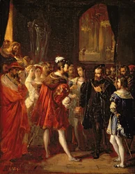 Karel V. (1500-58) přijat Františkem I. (1494-1547) v Louvru, kolem roku 1843