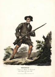 Jean-Baptiste Fontenay a Martin v Le Poor Diable od Balissona a Dumersana, Theater du Vaudeville. Ručně kolorovaná litografie F. Noela podle ilustrace Alexandre-Marie Colina z portrétů hereček v různých rolích, F. Noel, Paříž
