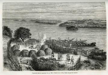 Tábor opevňuje výpravu, aby se ochránila před kanibaly Mouana Ntaba, poblíž řeky Leopold (Kongo), kresba A. De Bar, pro ilustraci příběhu „Napříč tajemným kontinentem“, plavba uskutečněná v letech 1874-1877 od Sira HM Stanley. Rytina
