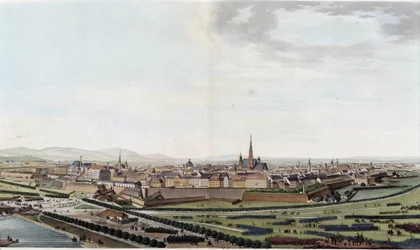 Celkový pohled na Vídeň z kostela sv. Karla - v „Malebné plavbě do Rakouska hrabětem Alexandrem de Laborde“, Paris, ed. Didot starší
