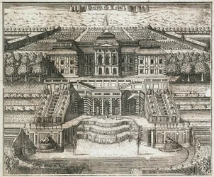 Pohled na Velký palác v Peterhof, 1717.
