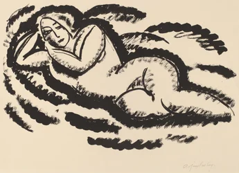 Ležící akt, kolem roku 1912 (černá litografie na položeném papíře)