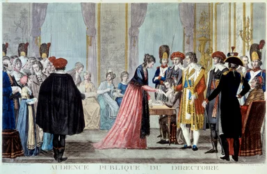 A public hearing of the Executive Board (1795-1798) The public comes to file their requests or complaints before the State representative. Engraving by Alexis Chataignier (1772-1817) 1795. Paris, B.N.   1410458   cs       czech Successfully Translated  Ori