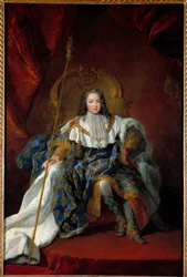 Portrét Ludvíka XV. (1710-1774) jako dítěte na trůně, v korunovačním oděvu a s korunovačními insigniemi, 1723. Rozměry: 2,26 x 1,8 m