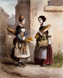 Malé metiery: pekárna. Mladý chodící obchodník s chlebem. Tisk Alfred Andre Geniole (1813-1861) z „Les femmes de Paris“ 1841-1842 Paříž, Musee Carnavalet