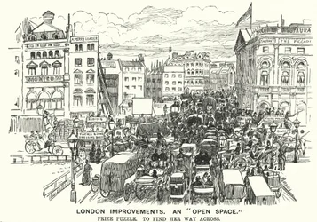 Punch cartoon: London Improvements. "Open Space" - dopravní zácpa ve viktoriánském Londýně (rytina)