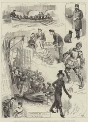 Amatérská divadla dobrovolníků královského námořního dělostřelectva na palubě HMS Rainbow na Temži