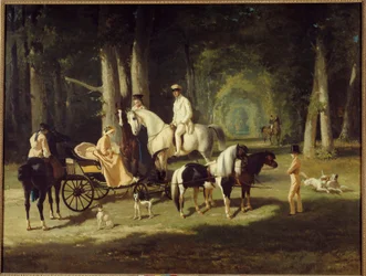 Manželé A. Mosselmanovi a jejich dvě dcery Procházejí se lesem na koni. Obraz Alfreda de Dreux (1810-1860) 1848 Ne. 2x2,65 m Paříž, muzeum Petite Palais