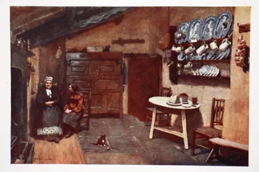 Stará hospodská kuchyně, Coniston, z portfolia tisků z původních akvarelů, kolem roku 1920
